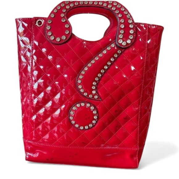 Handbags - Question Mark ? Handbag Red With Studded Rhinestone Detail Quilted Stitching